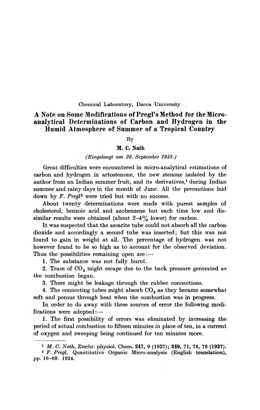 A note on some modifications of Pregl's method for the micro-analytical determinations of carbon and hydrogen in the humid atmosphere of summer of a tropical country by Unknown
