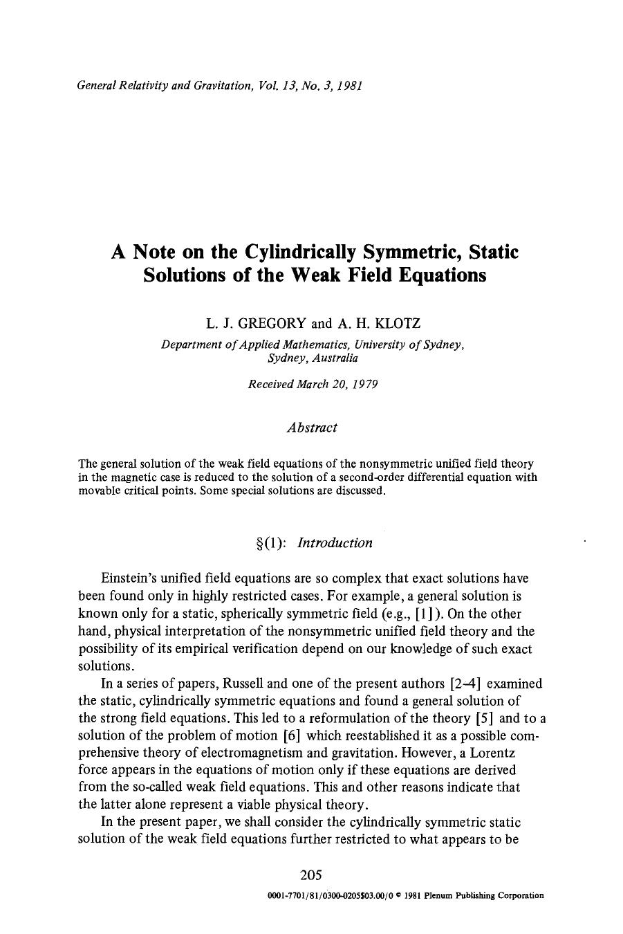 A note on the cylindrically symmetric, static solutions of the weak field equations by Unknown