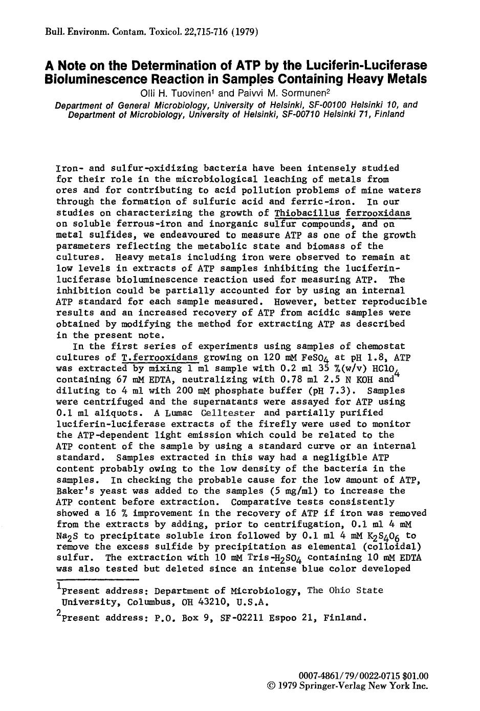 A note on the determination of ATP by the luciferin-luciferase bioluminescence reaction in samples contaming heavy metals by Unknown
