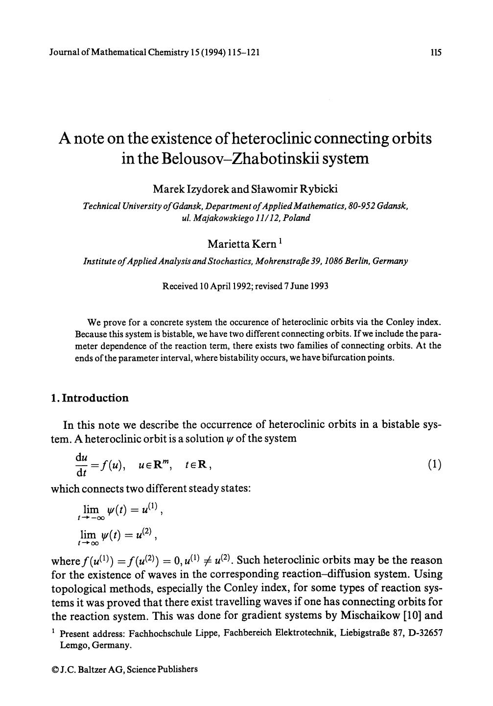 A note on the existence of heteroclinic connecting orbits in the Belousov-Zhabotinskii system by Unknown