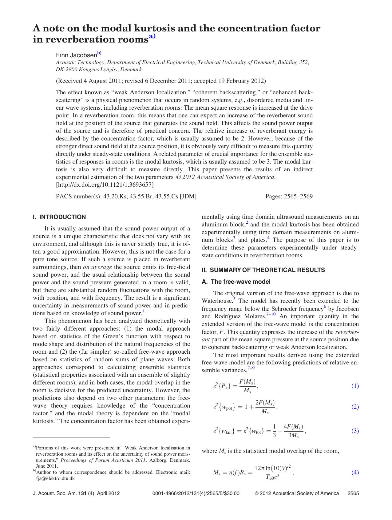 A note on the modal kurtosis and the concentration factor in reverberation rooms by Finn Jacobsen