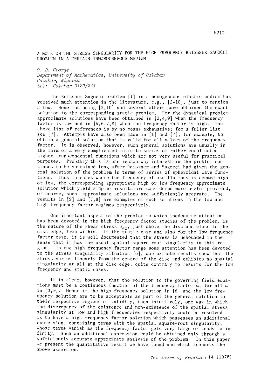 A note on the stress singularity for the high frequency reissner-sagocci problem in a certain inhomogeneous medium by Unknown