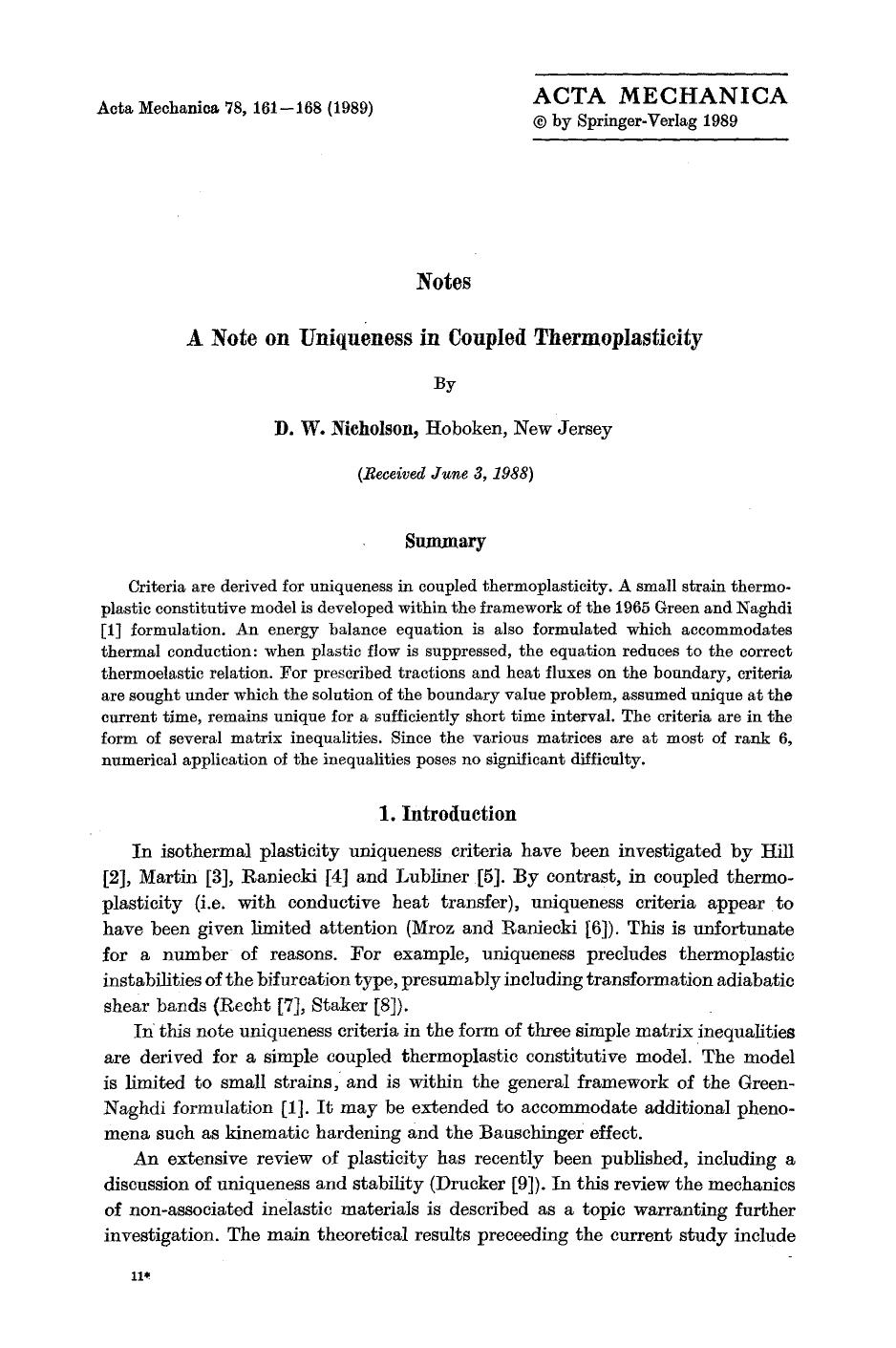 A note on uniqueness in coupled thermoplasticity by Unknown