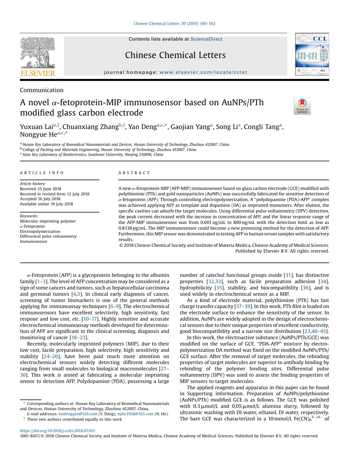A novel Î±-fetoprotein-MIP immunosensor based on AuNPsPTh modified glass carbon electrode by Yuxuan Lai & Chuanxiang Zhang & Yan Deng & Gaojian Yang & Song Li & Congli Tang & Nongyue He