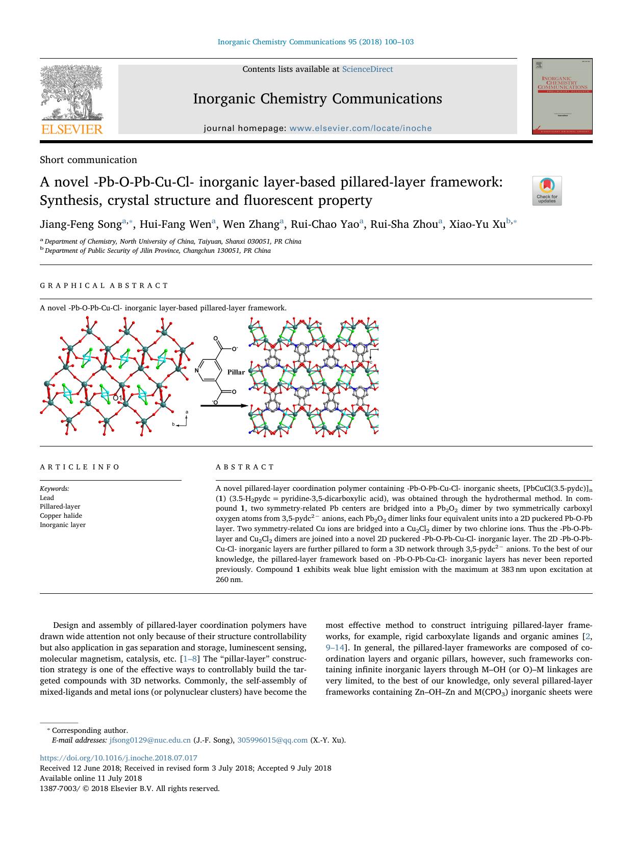 A novel -Pb-O-Pb-Cu-Cl- inorganic layer-based pillared-layer framework_ Synthesis, crystal structure and fluorescent property by Jiang-Feng Song & Hui-Fang Wen & Wen Zhang & Rui-Chao Yao & Rui-Sha Zhou & Xiao-Yu Xu