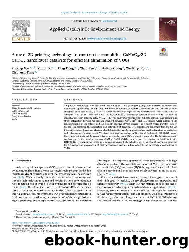 A novel 3D printing technology to construct a monolithic CoMnOx3D CaTiOx nanoflower catalysts for efficient elimination of VOCs by Shixing Wu & Yuntai Xi & Fang Dong & Chao Feng & Haitao Zhang & Weiliang Han & Zhicheng Tang