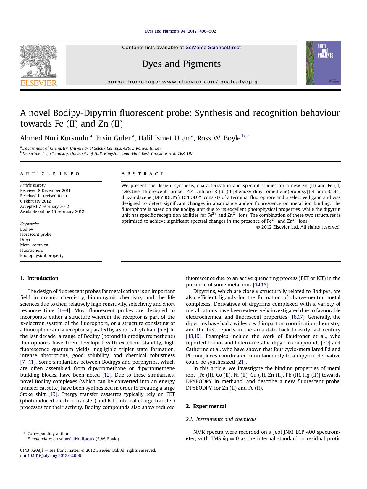 A novel Bodipy-Dipyrrin fluorescent probe: Synthesis and recognition behaviour towards Fe (II) and Zn (II) by Ahmed Nuri Kursunlu & Ersin Guler & Halil Ismet Ucan & Ross W. Boyle