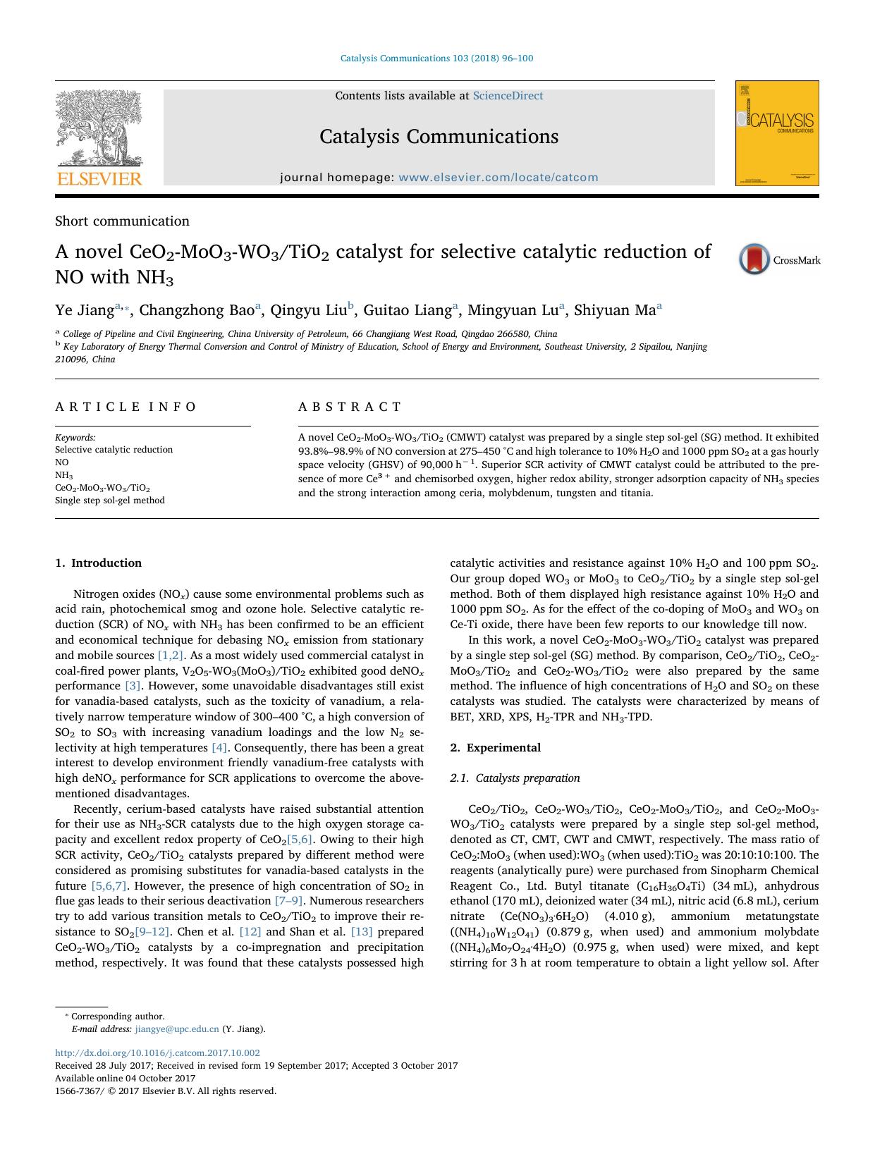 A novel CeO2-MoO3-WO3TiO2 catalyst for selective catalytic reduction of NO with NH3 by Ye Jiang & Changzhong Bao & Qingyu Liu & Guitao Liang & Mingyuan Lu & Shiyuan Ma