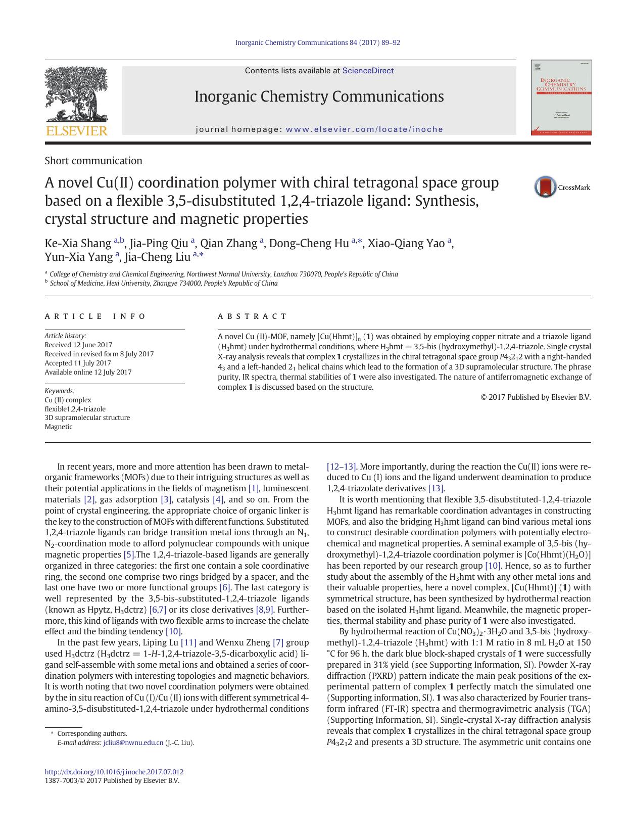 A novel Cu(II) coordination polymer with chiral tetragonal space group based on a flexible 3,5-disubstituted 1,2,4-triazole ligand: Synthesis, crystal structure and magnetic properties by unknow