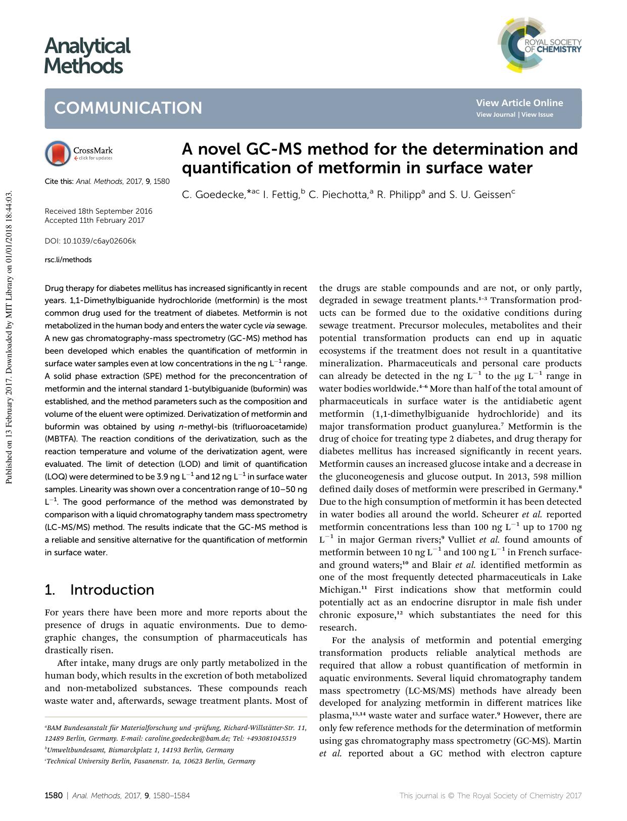 A novel GC-MS method for the determination and quantification of metformin in surface water by C. Goedecke & I. Fettig & C. Piechotta & R. Philipp & S. U. Geissen