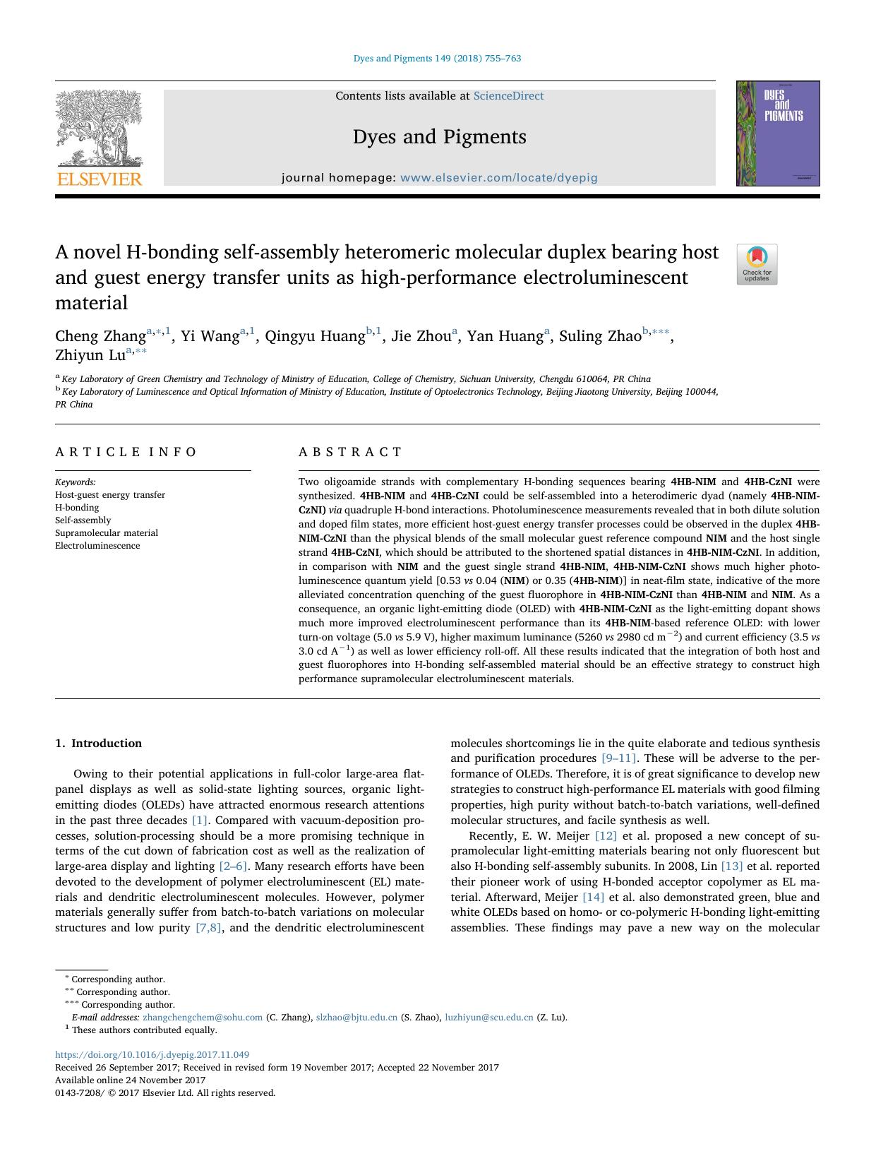 A novel H-bonding self-assembly heteromeric molecular duplex bearing host and guest energy transfer units as high-performance electroluminescent material by Cheng Zhang & Yi Wang & Qingyu Huang & Jie Zhou & Yan Huang & Suling Zhao & Zhiyun Lu