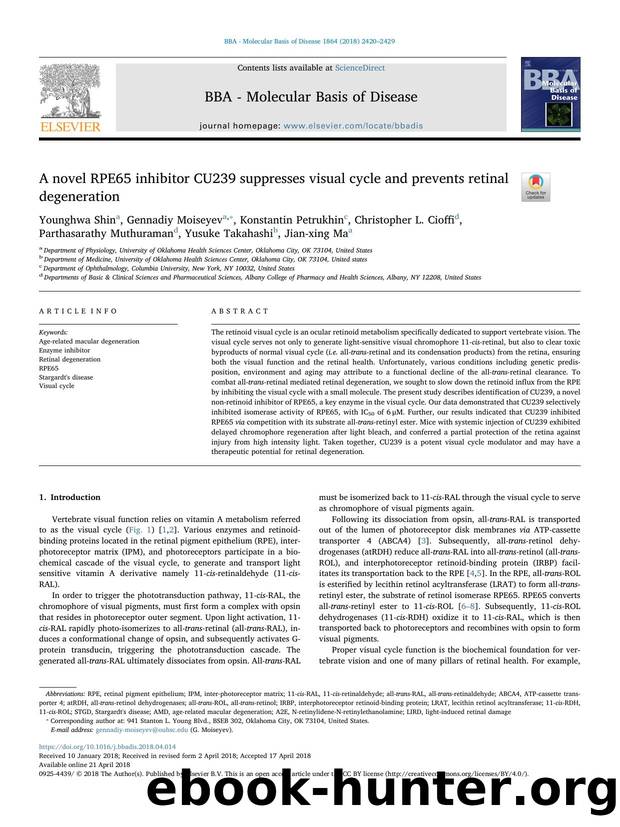 A novel RPE65 inhibitor CU239 suppresses visual cycle and prevents retinal degeneration by unknow