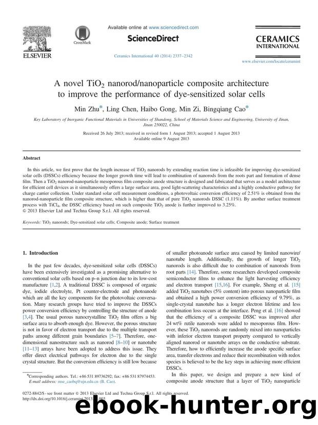 A novel TiO2 nanorodnanoparticle composite architecture to improve the performance of dye-sensitized solar cells by Min Zhu & Ling Chen & Haibo Gong & Min Zi & Bingqiang Cao