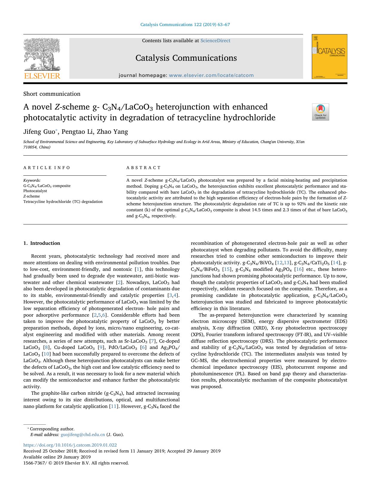 A novel Z-scheme g- C3N4LaCoO3 heterojunction with enhanced photocatalytic activity in degradation of tetracycline hydrochloride by Jifeng Guo & Pengtao Li & Zhao Yang