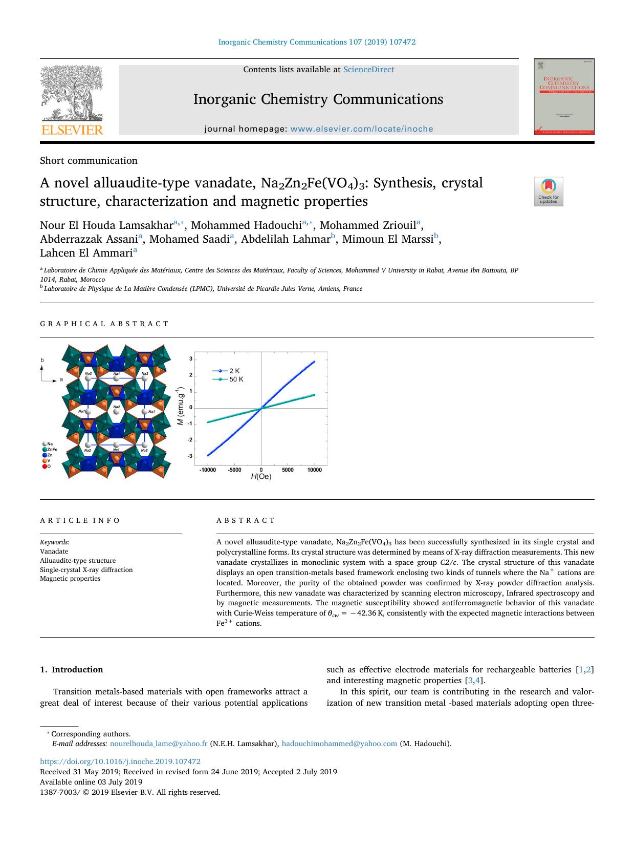 A novel alluaudite-type vanadate, Na2Zn2Fe(VO4)3_ Synthesis, crystal structure, characterization and magnetic properties by Nour El Houda Lamsakhar