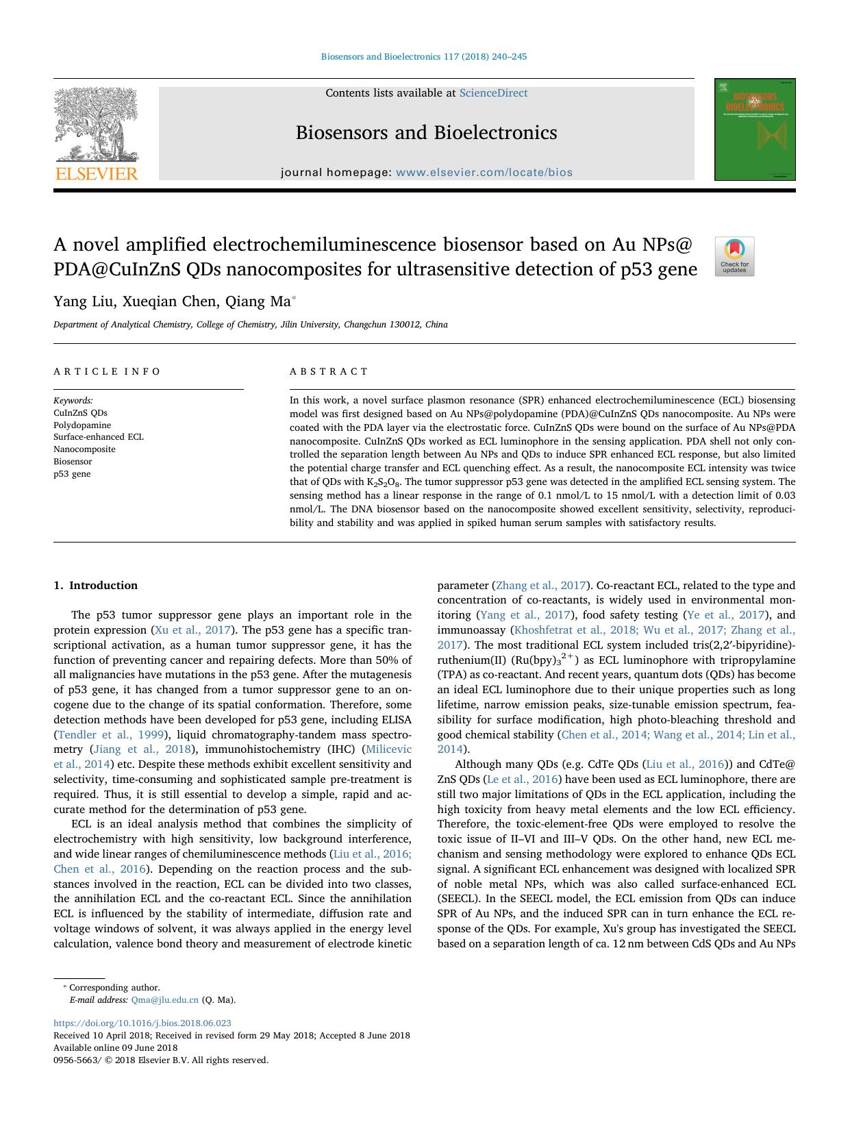 A novel amplified electrochemiluminescence biosensor based on Au NPs@PDA@CuInZnS QDs nanocomposites for ultrasensitive detection of p53 gene by Yang Liu & Xueqian Chen & Qiang Ma