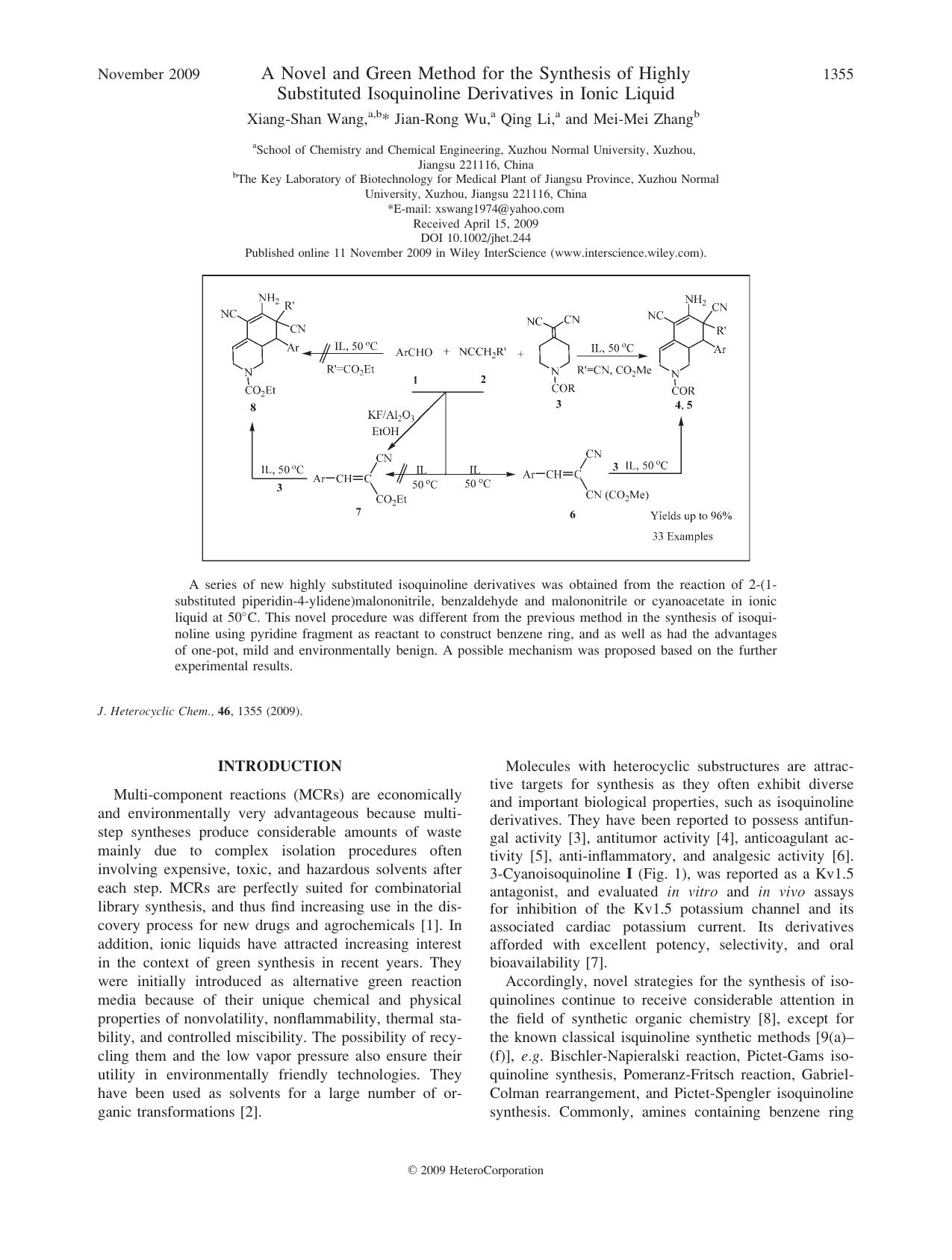 A novel and green method for the synthesis of highly substituted isoquinoline derivatives in ionic liquid by Unknown