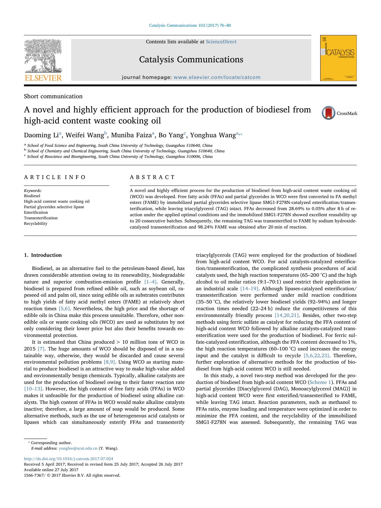 A novel and highly efficient approach for the production of biodiesel from high-acid content waste cooking oil by Daoming Li & Weifei Wang & Muniba Faiza & Bo Yang & Yonghua Wang
