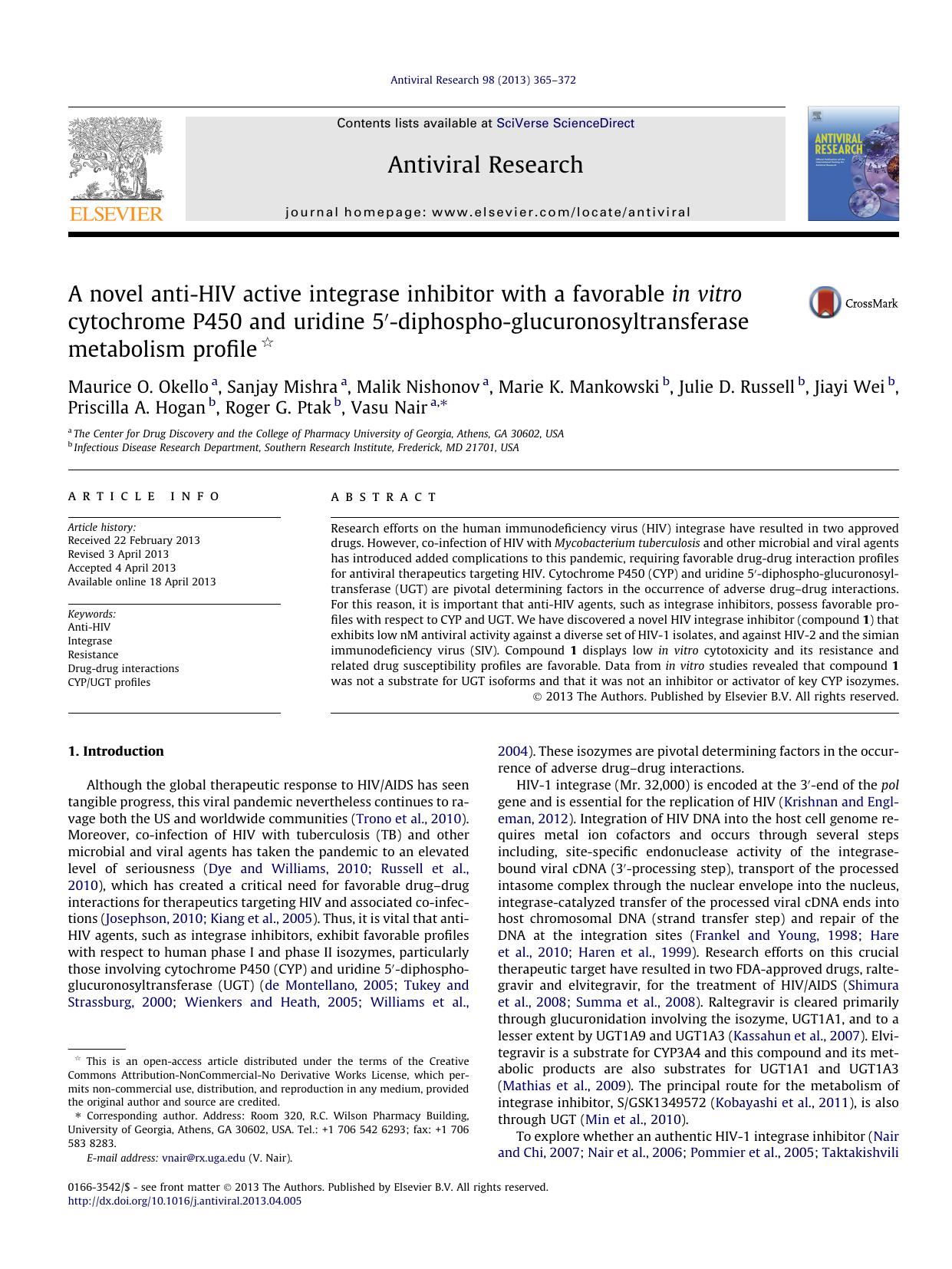 A novel anti-HIV active integrase inhibitor with a favorable in vitro cytochrome P450 and uridine 5Ã¢â¬Â²-diphospho-glucuronosyltransferase metabolism profile by unknow