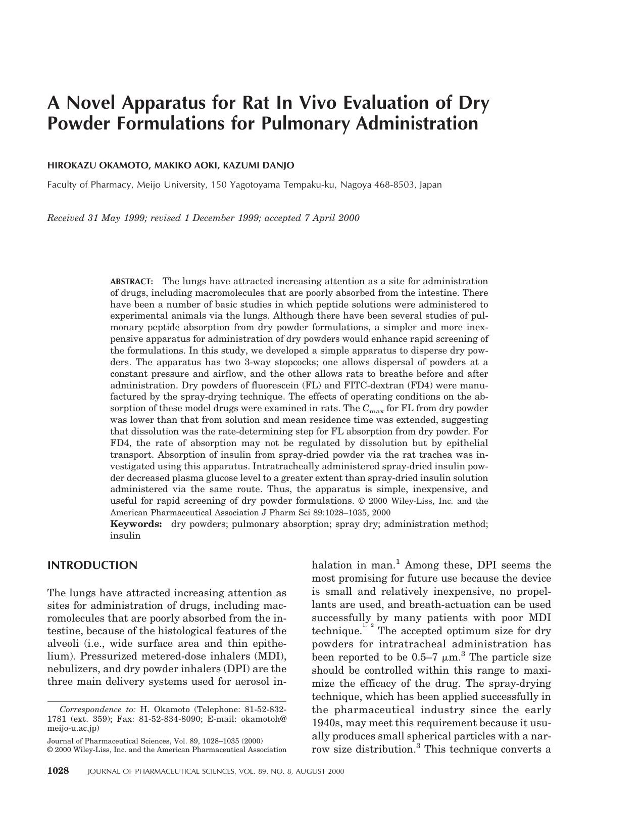 A novel apparatus for rat in vivo evaluation of dry powder formulations for pulmonary administration by Unknown