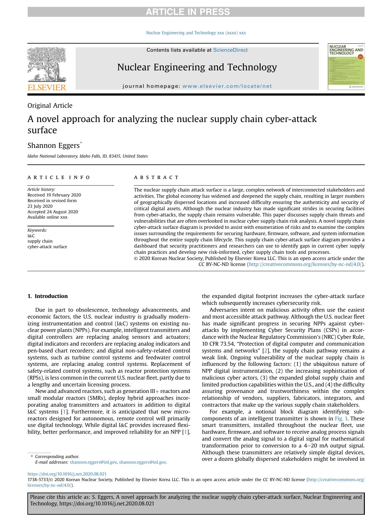 A novel approach for analyzing the nuclear supply chain cyber-attack surface by Shannon Eggers