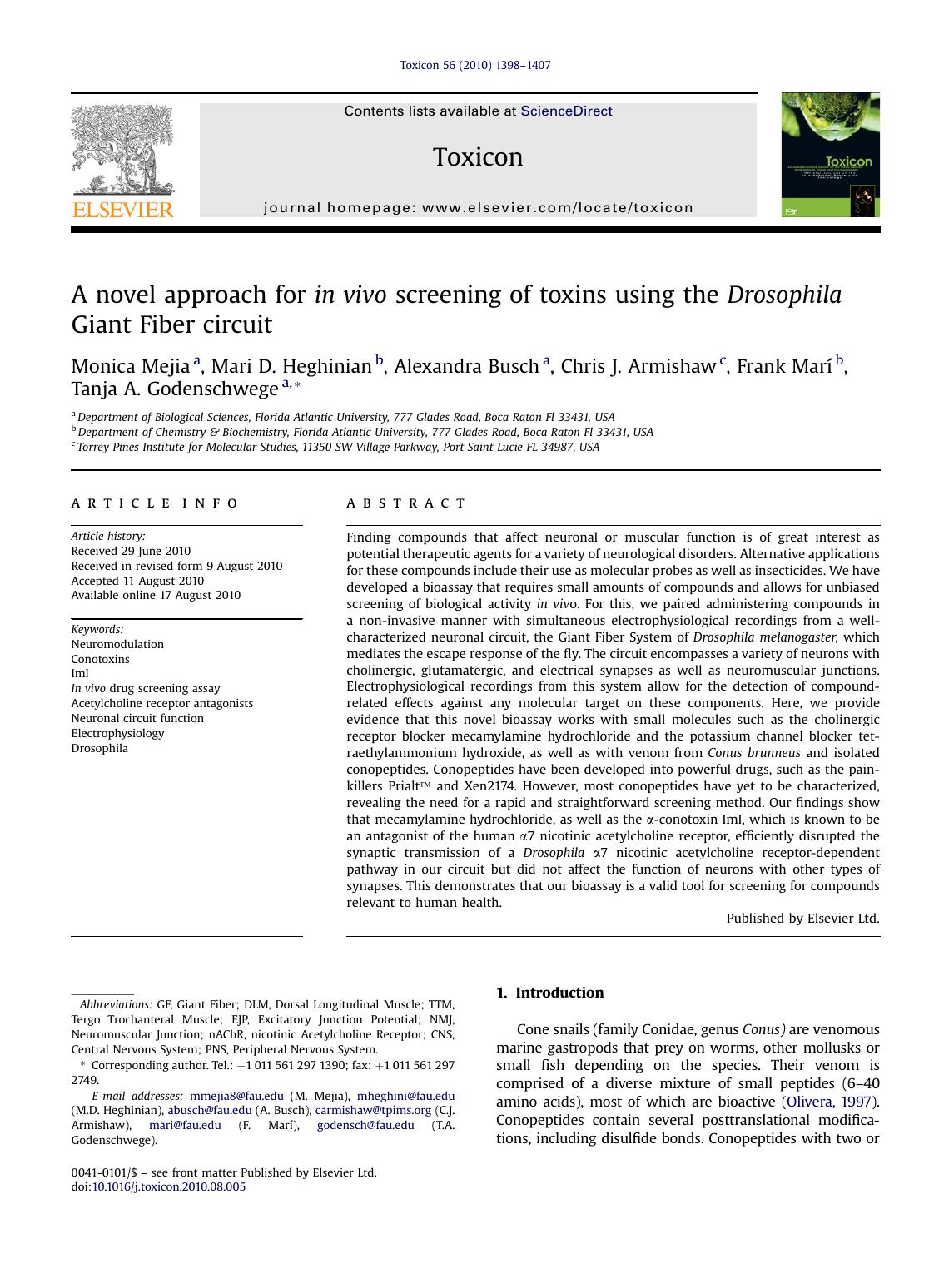 A novel approach for in vivo screening of toxins using the Drosophila Giant Fiber circuit by unknow