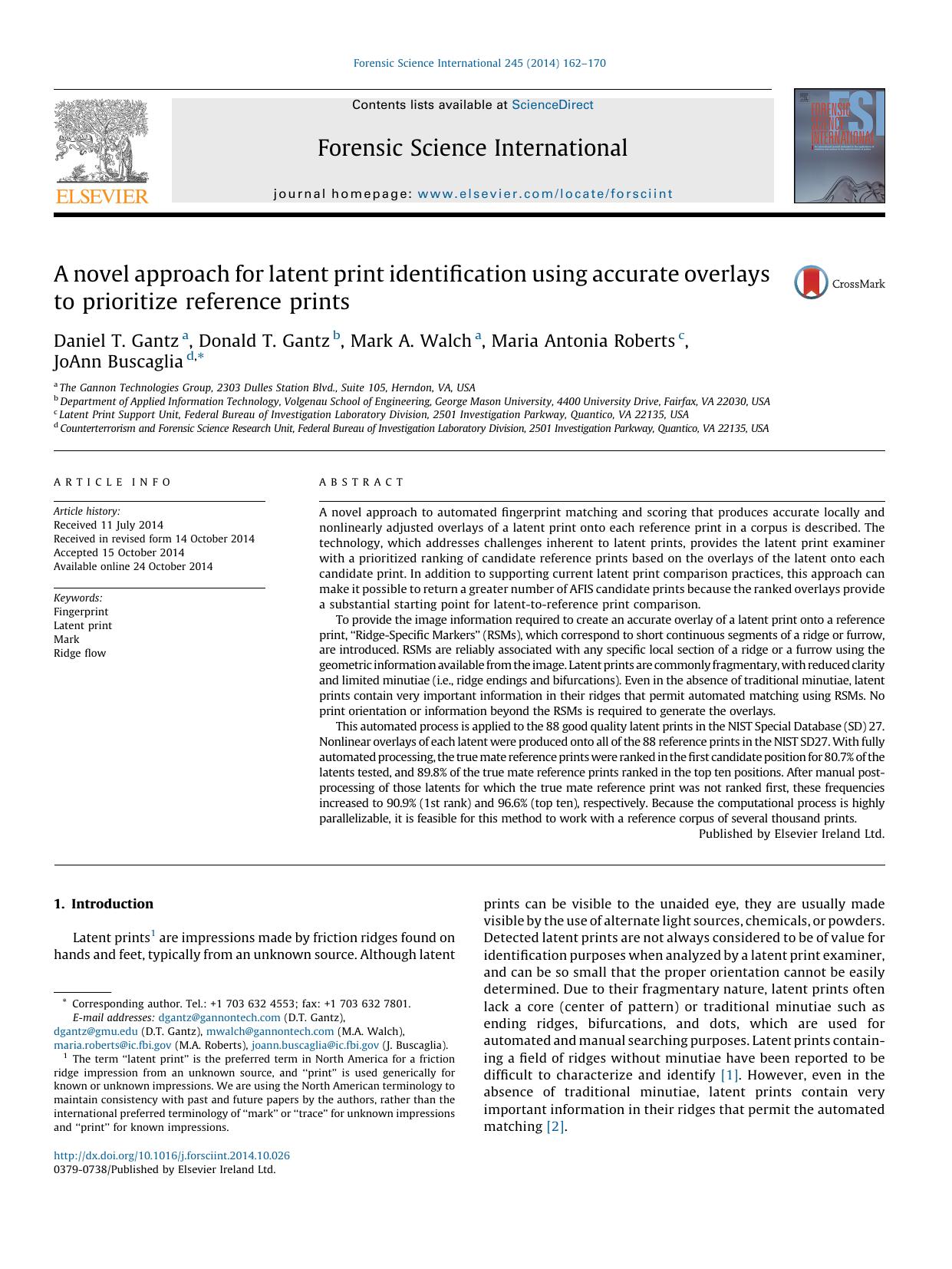 A novel approach for latent print identification using accurate overlays to prioritize reference prints by Daniel T. Gantz & Donald T. Gantz & Mark A. Walch & Maria Antonia Roberts & JoAnn Buscaglia