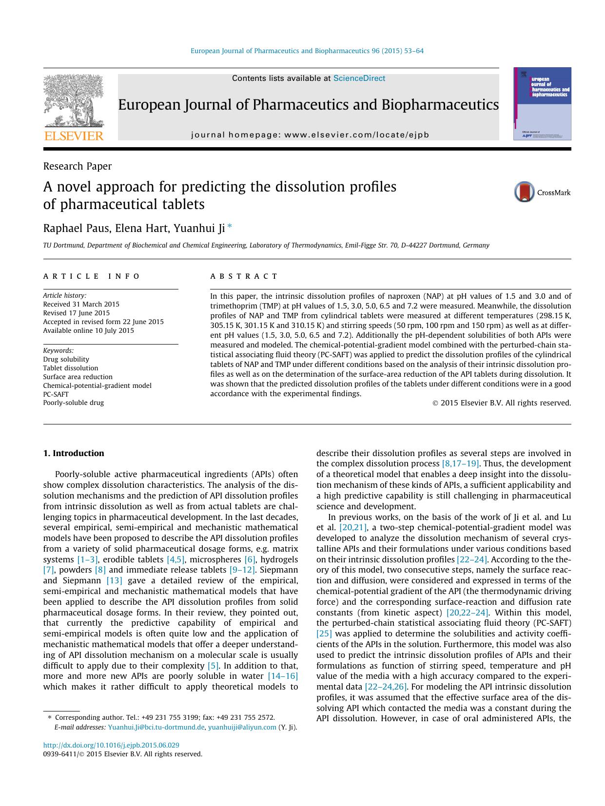 A novel approach for predicting the dissolution profiles of pharmaceutical tablets by Raphael Paus & Elena Hart & Yuanhui Ji