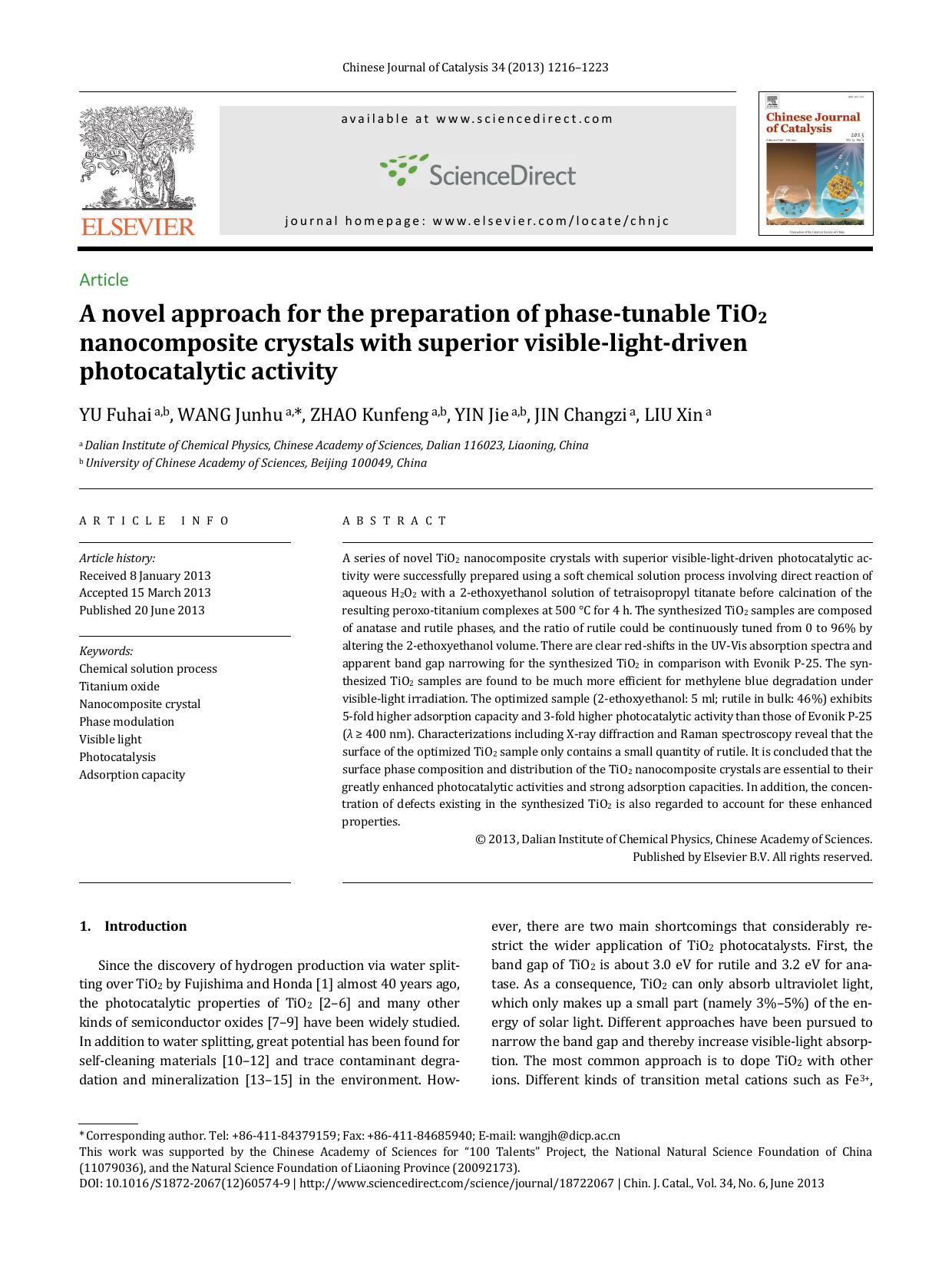 A novel approach for the preparation of phase-tunable TiO2 nanocomposite crystals with superior visible-light-driven photocatalytic activity by Fuhai YU & Junhu WANG & Kunfeng ZHAO & Jie YIN & Changzi JIN & Xin LIU
