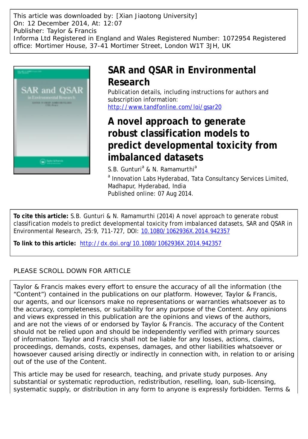 A novel approach to generate robust classification models to predict developmental toxicity from imbalanced datasets by S.B. Gunturi