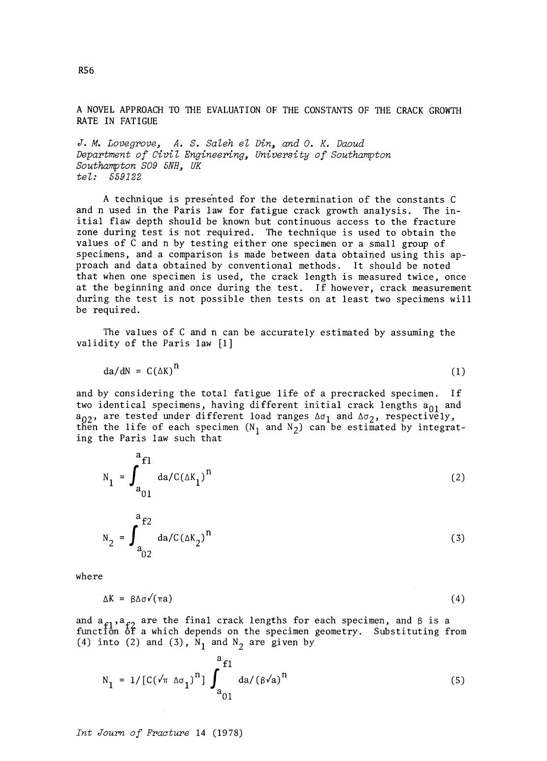 A novel approach to the evaluation of the constants of the crack growth rate in fatigue by Unknown