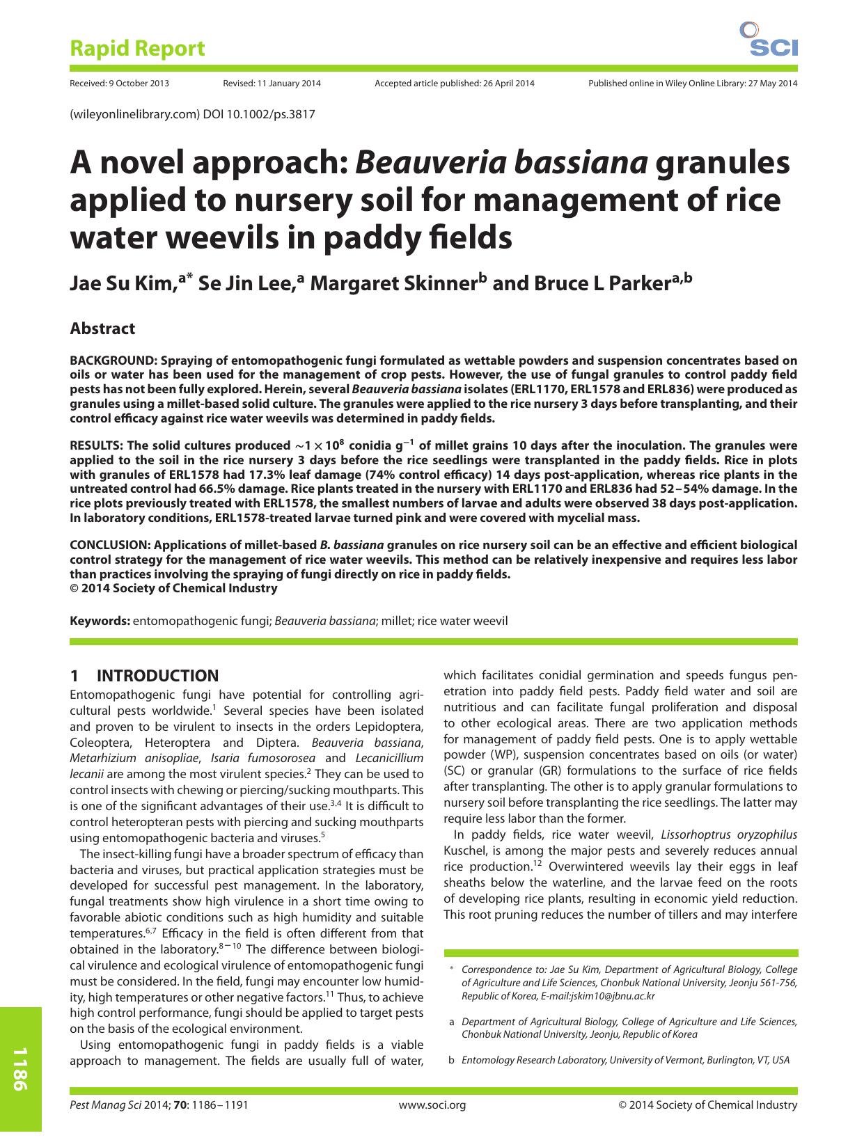 A novel approach: Beauveria bassiana granules applied to nursery soil for management of rice water weevils in paddy fields by Unknown