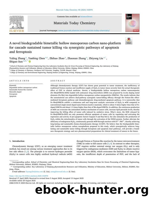 A novel biodegradable bimetallic hollow mesoporous carbon nano-platform for cascade sustained tumor killing via synergistic pathways of apoptosis and ferroptosis by Yuling Zhang & Yanbing Chen & Zhihao Zhao & Zhaonan Zhang & Zhiyong Liu & Shiguo Sun