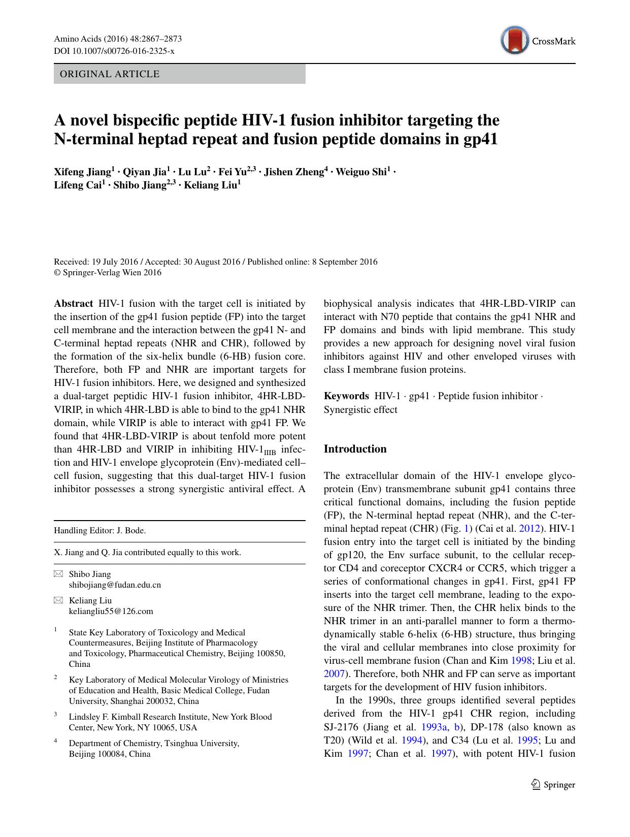 A novel bispecific peptide HIV-1 fusion inhibitor targeting the N-terminal heptad repeat and fusion peptide domains in gp41 by unknow