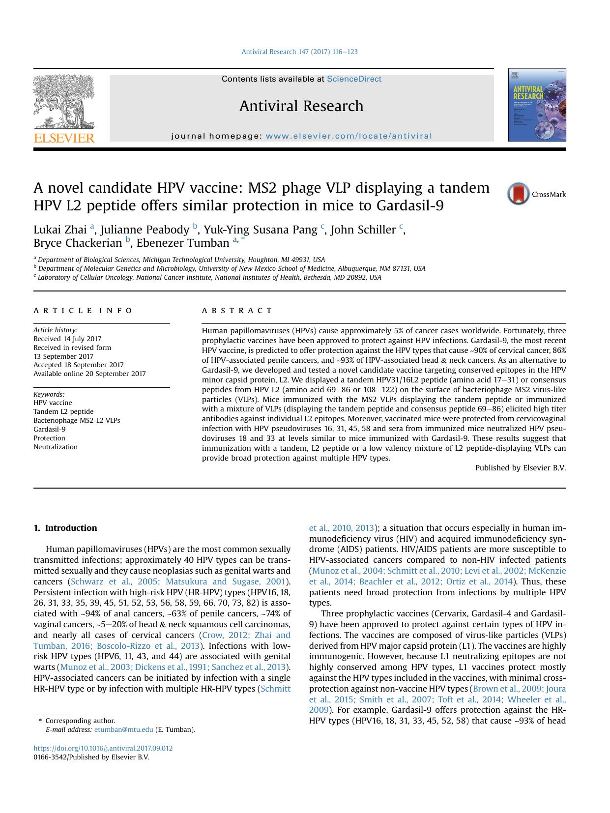 A novel candidate HPV vaccine: MS2 phage VLP displaying a tandem HPV L2 peptide offers similar protection in mice to Gardasil-9 by unknow