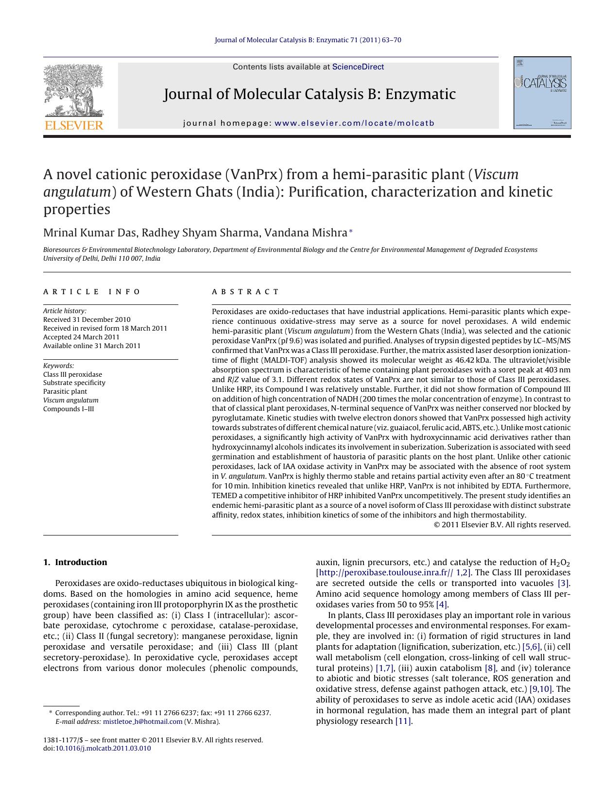 A novel cationic peroxidase (VanPrx) from a hemi-parasitic plant (Viscum angulatum) of Western Ghats (India): Purification, characterization and kinetic properties by Mrinal Kumar Das