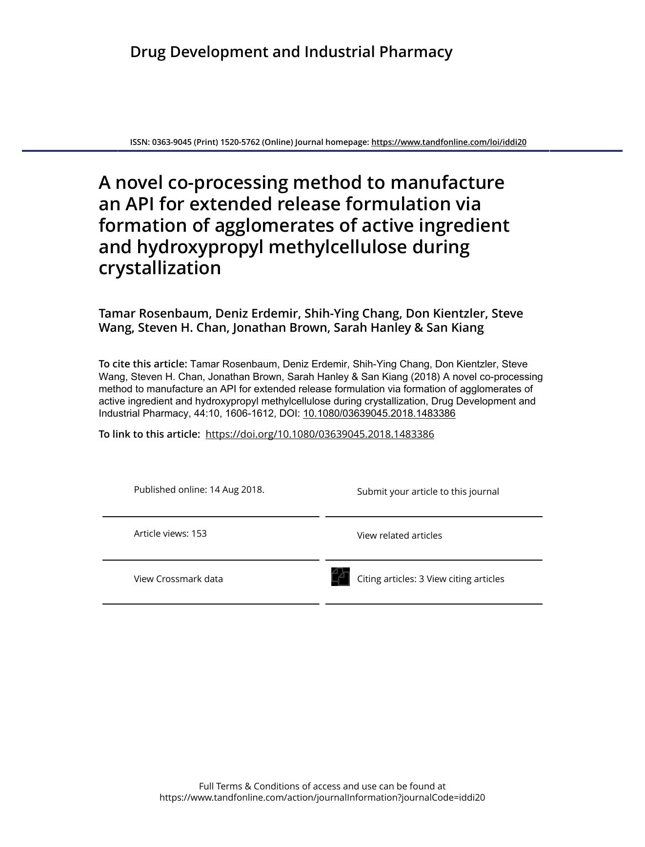 A novel co-processing method to manufacture an API for extended release formulation via formation of agglomerates of active ingredient and hydroxypropyl methylcellulose during crystallization by unknow