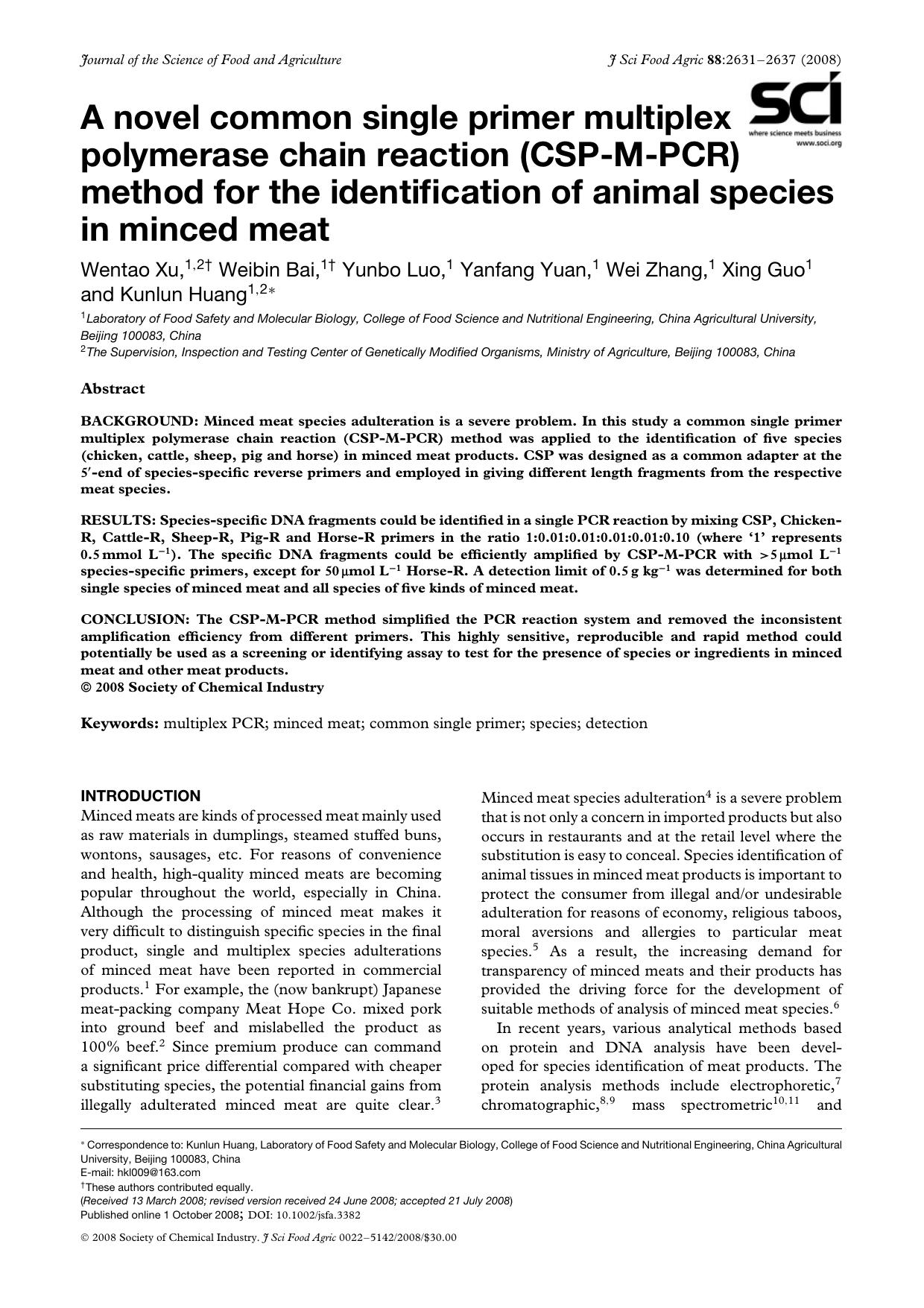 A novel common single primer multiplex polymerase chain reaction (CSP-M-PCR) method for the identification of animal species in minced meat by Unknown