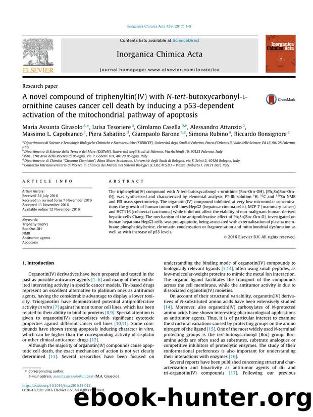 A novel compound of triphenyltin(IV) with N-tert-butoxycarbonyl-l-ornithine causes cancer cell death by inducing a p53-dependent activation of the mitochondrial pathway of apoptosis by unknow