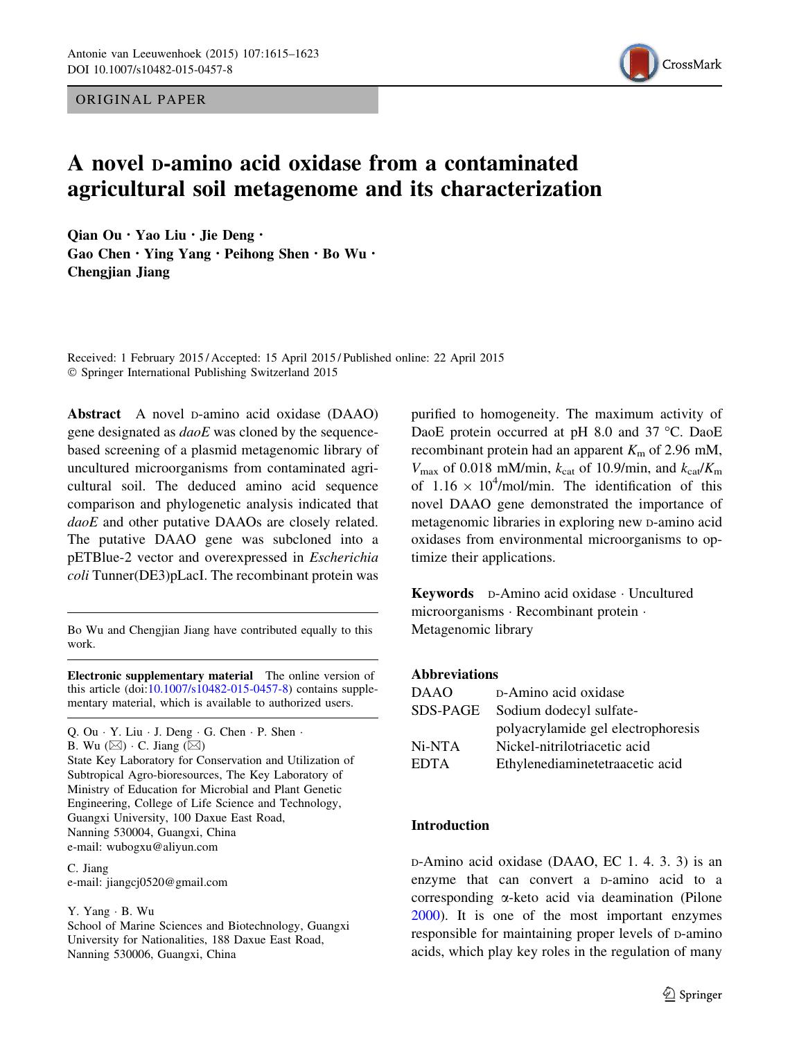 A novel d-amino acid oxidase from a contaminated agricultural soil metagenome and its characterization by Qian Ou & Yao Liu & Jie Deng & Gao Chen & Ying Yang & Peihong Shen & Bo Wu & Chengjian Jiang