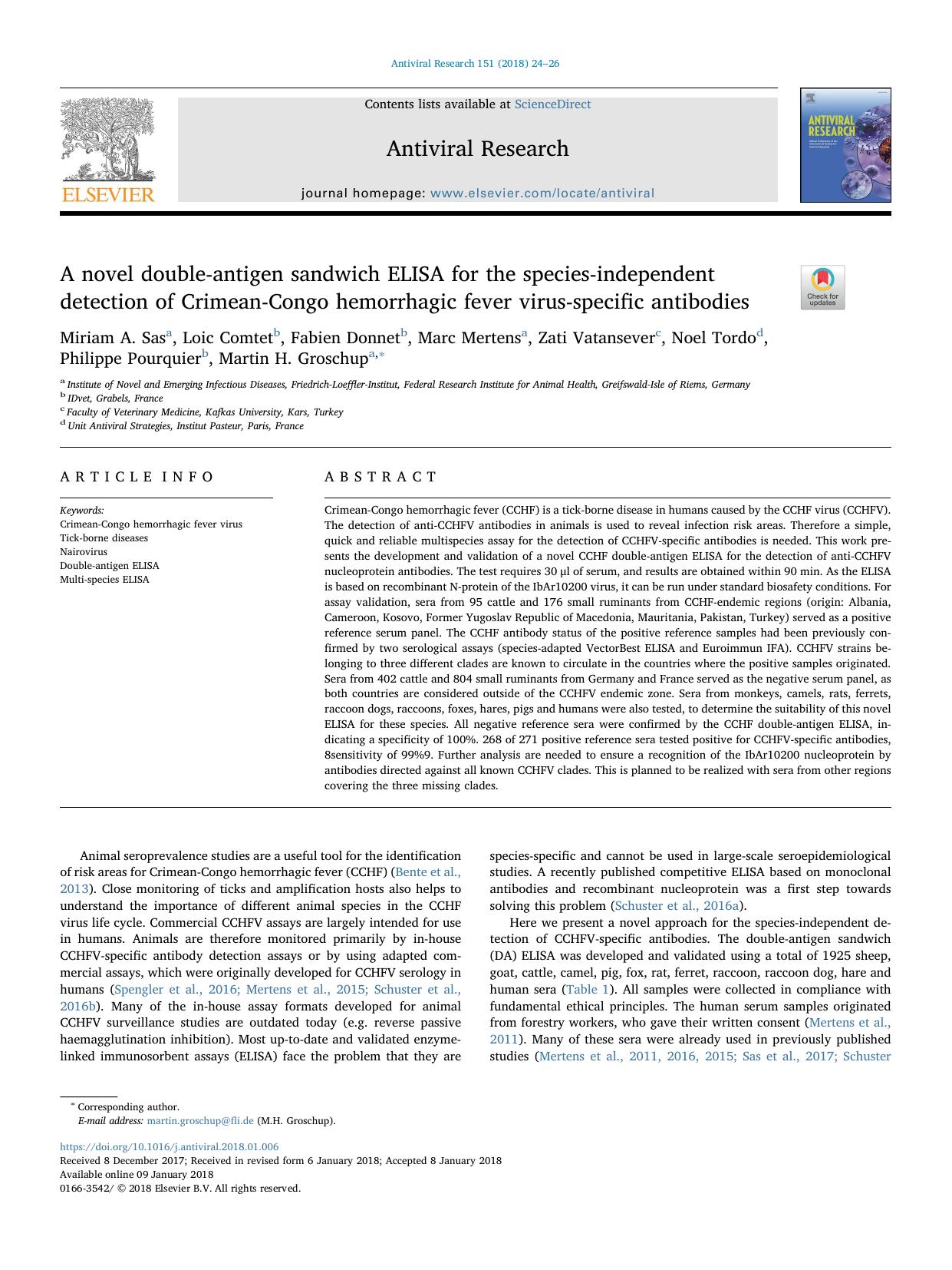 A novel double-antigen sandwich ELISA for the species-independent detection of Crimean-Congo hemorrhagic fever virus-specific antibodies by unknow