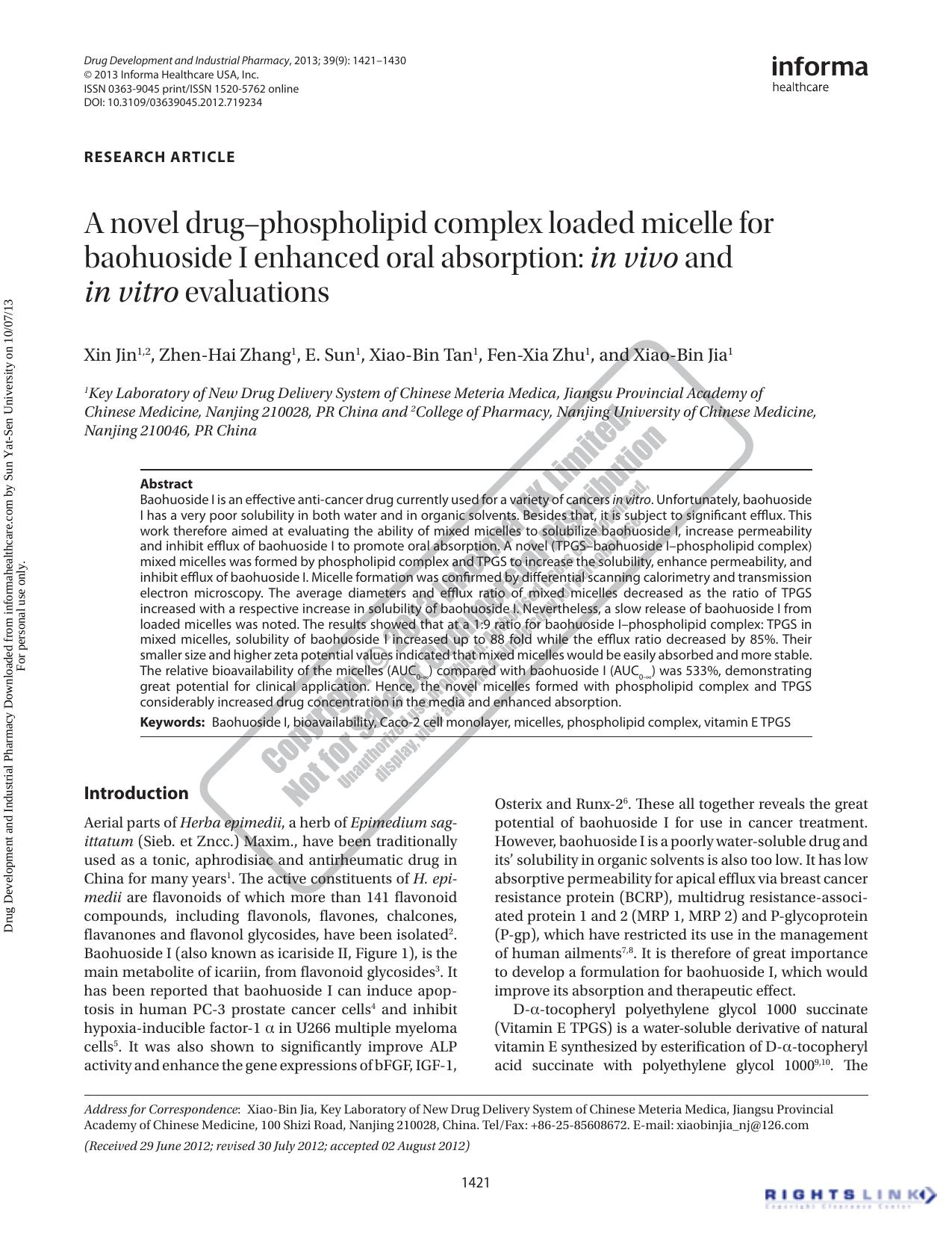 A novel drugâphospholipid complex loaded micelle for baohuoside I enhanced oral absorption: in vivo and in vivo evaluations by Xin Jin Zhen-Hai Zhang E. Sun Xiao-Bin Tan Fen-Xia Zhu Xiao-Bin Jia