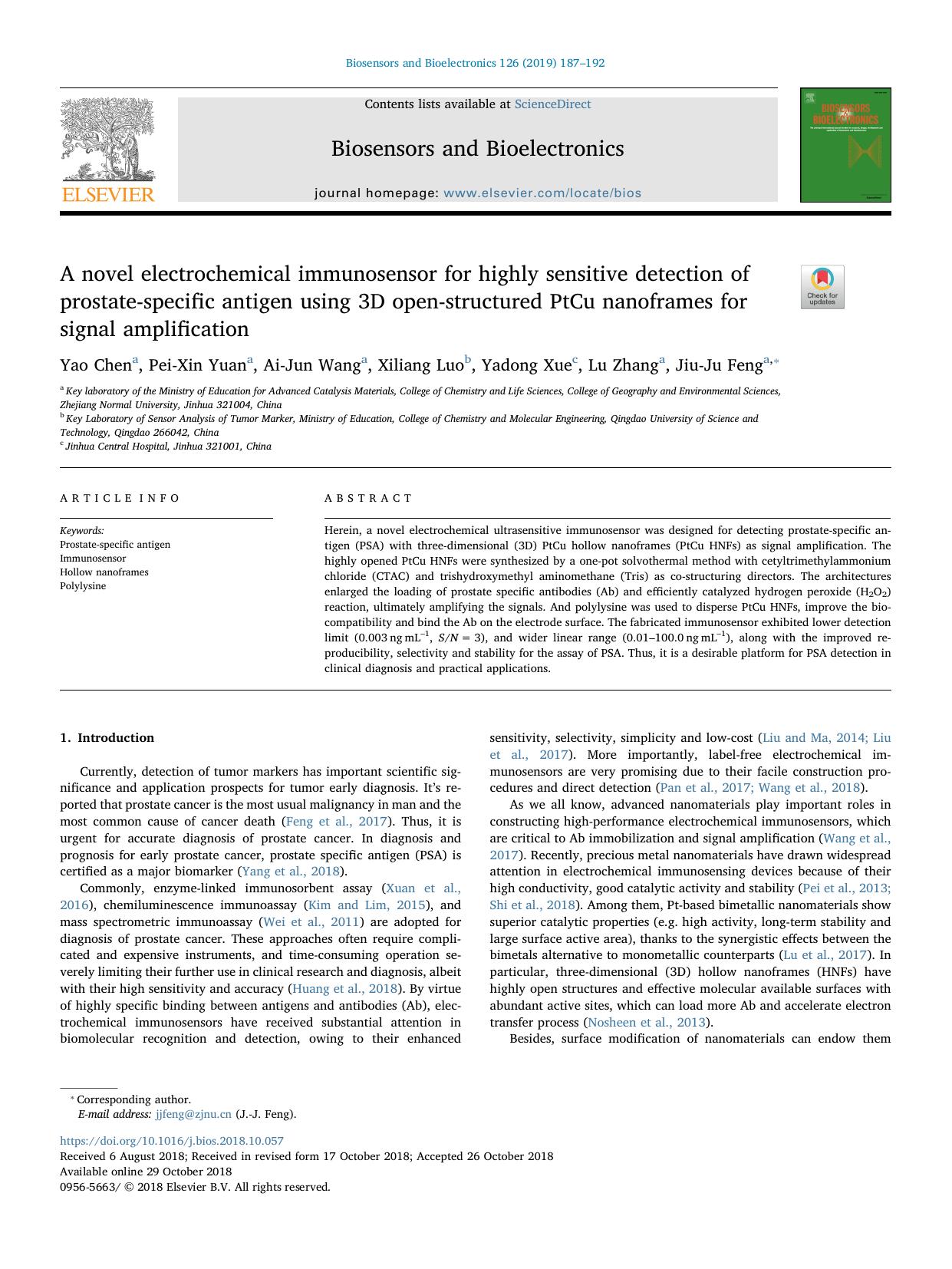 A novel electrochemical immunosensor for highly sensitive detection of prostate-specific antigen using 3D open-structured PtCu nanoframes for signal amplification by Yao Chen & Pei-Xin Yuan & Ai-Jun Wang & Xiliang Luo & Yadong Xue & Lu Zhang & Jiu-Ju Feng