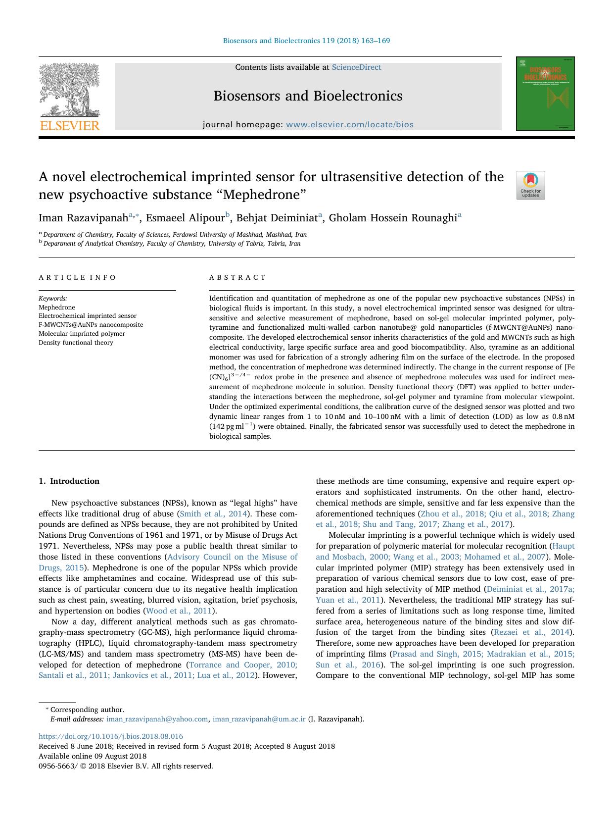 A novel electrochemical imprinted sensor for ultrasensitive detection of the new psychoactive substance âMephedroneâ by Iman Razavipanah & Esmaeel Alipour & Behjat Deiminiat & Gholam Hossein Rounaghi