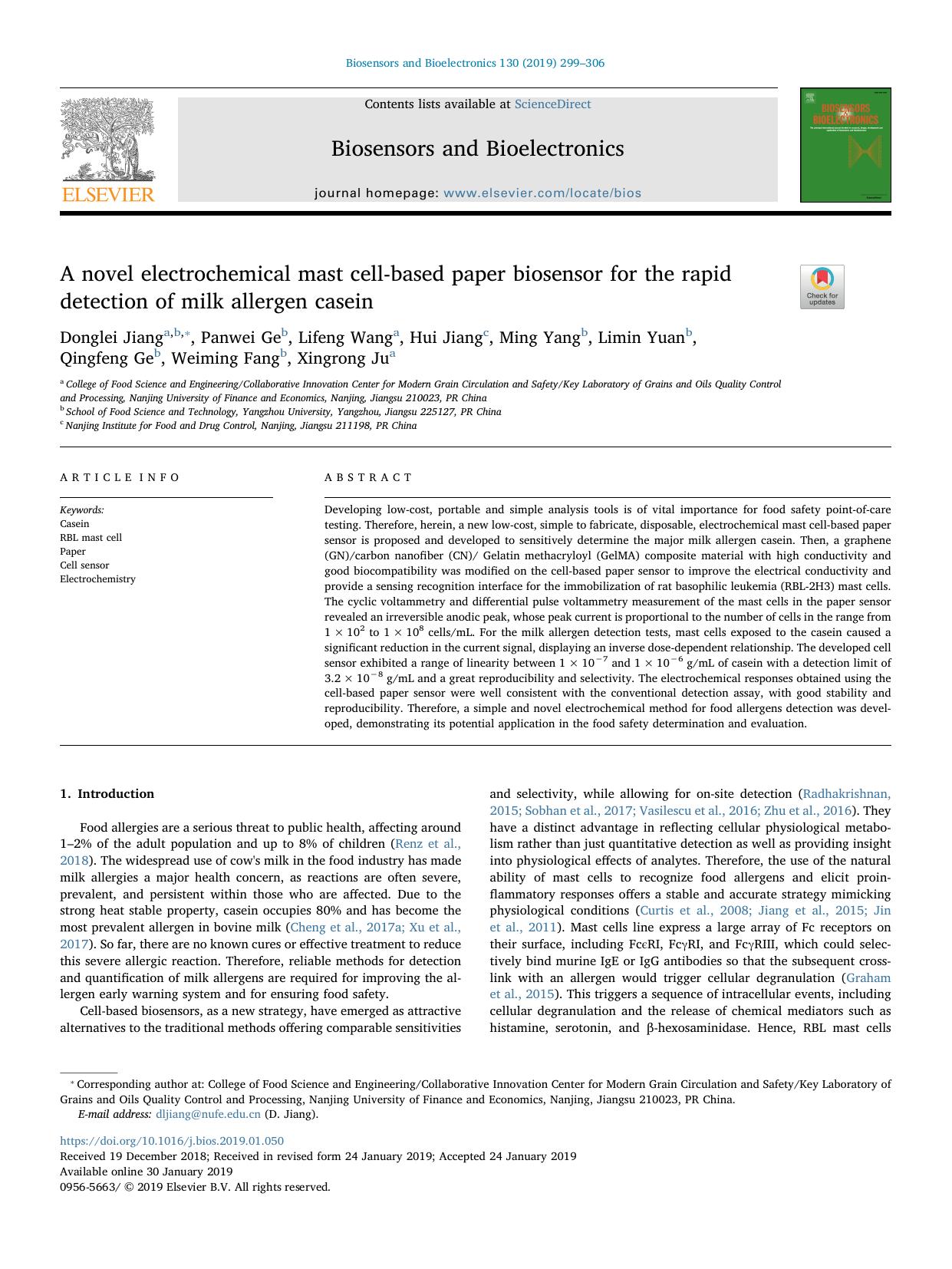 A novel electrochemical mast cell-based paper biosensor for the rapid detection of milk allergen casein by unknow