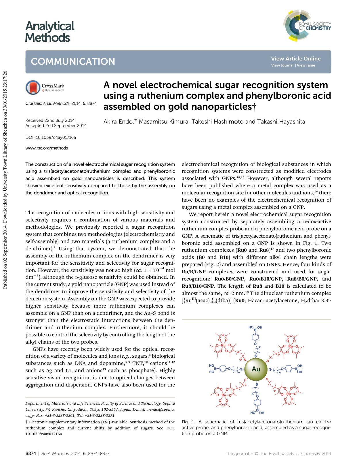 A novel electrochemical sugar recognition system using a ruthenium complex and phenylboronic acid assembled on gold nanoparticles by Akira Endo & Masamitsu Kimura & Takeshi Hashimoto & Takashi Hayashita