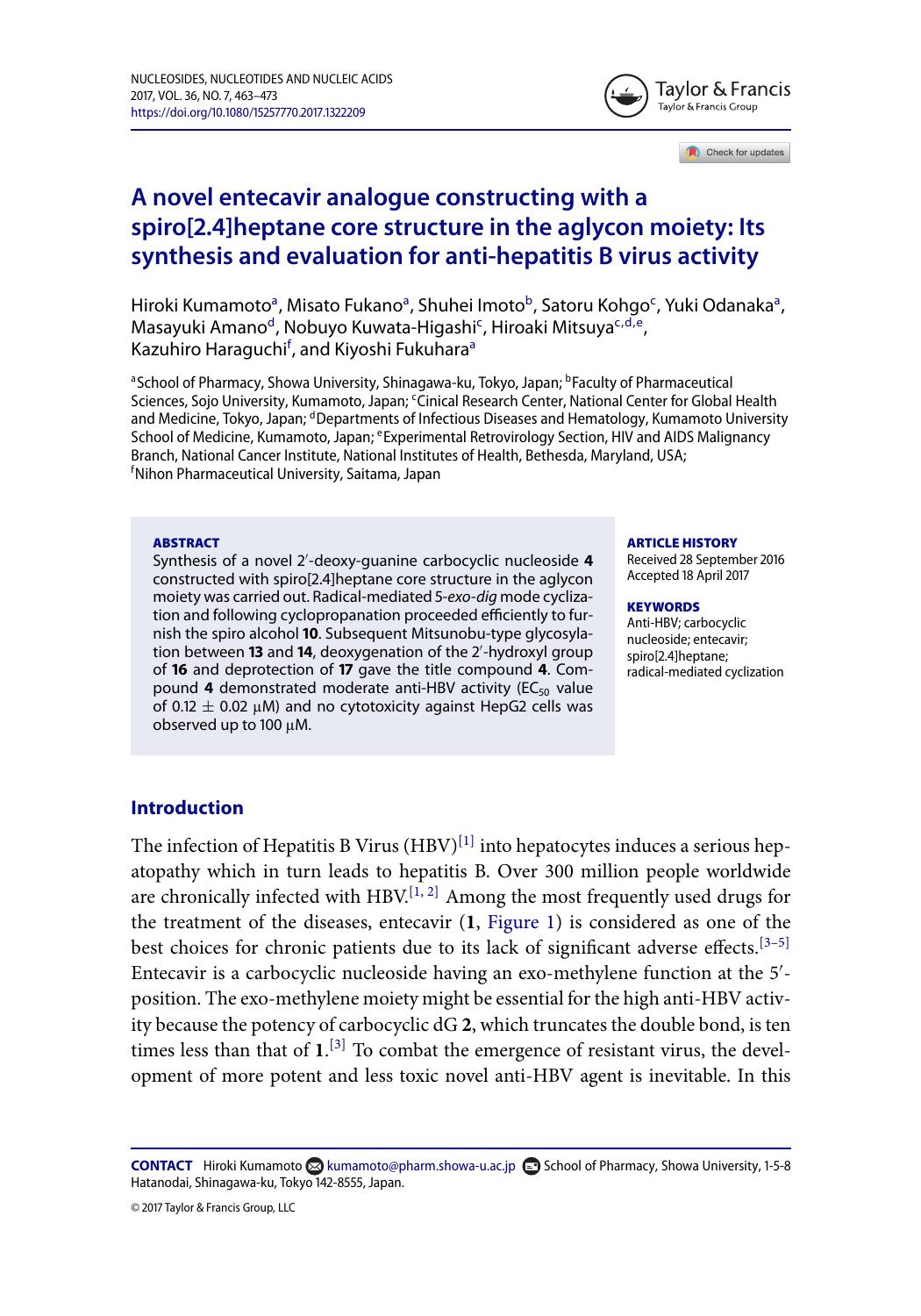 A novel entecavir analogue constructing with a spiro[2.4]heptane core structure in the aglycon moiety: Its synthesis and evaluation for anti-hepatitis B virus activity by unknow