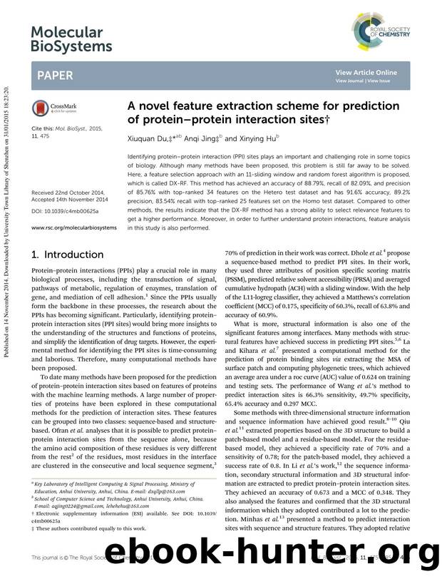 A novel feature extraction scheme for prediction of protein–protein interaction sites by Xiuquan Du & Anqi Jing & Xinying Hu