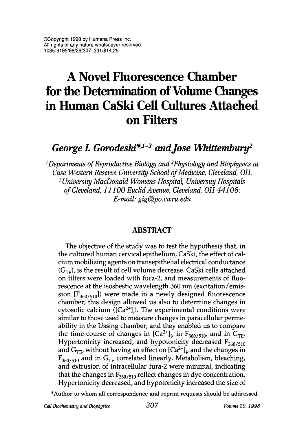 A novel fluorescence chamber for the determination of volume changes in human CaSki cell cultures attached on filters by Unknown