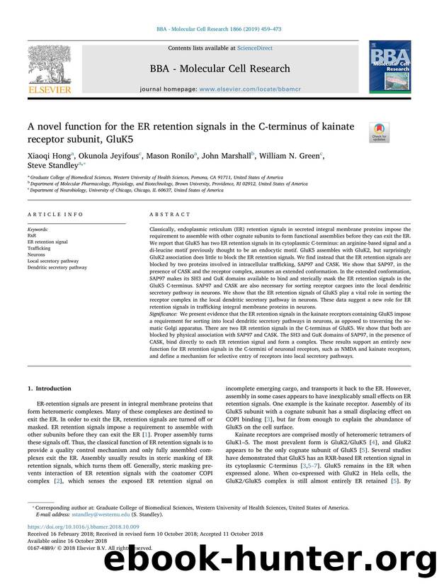 A novel function for the ER retention signals in the C-terminus of kainate receptor subunit, GluK5 by Xiaoqi Hong & Okunola Jeyifous & Mason Ronilo & John Marshall & William N. Green & Steve Standley